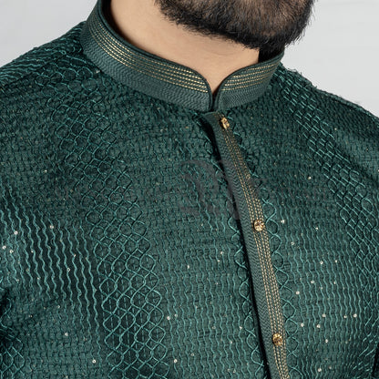 Dark Green Silk Men’s Long Kurta And Churidar Set