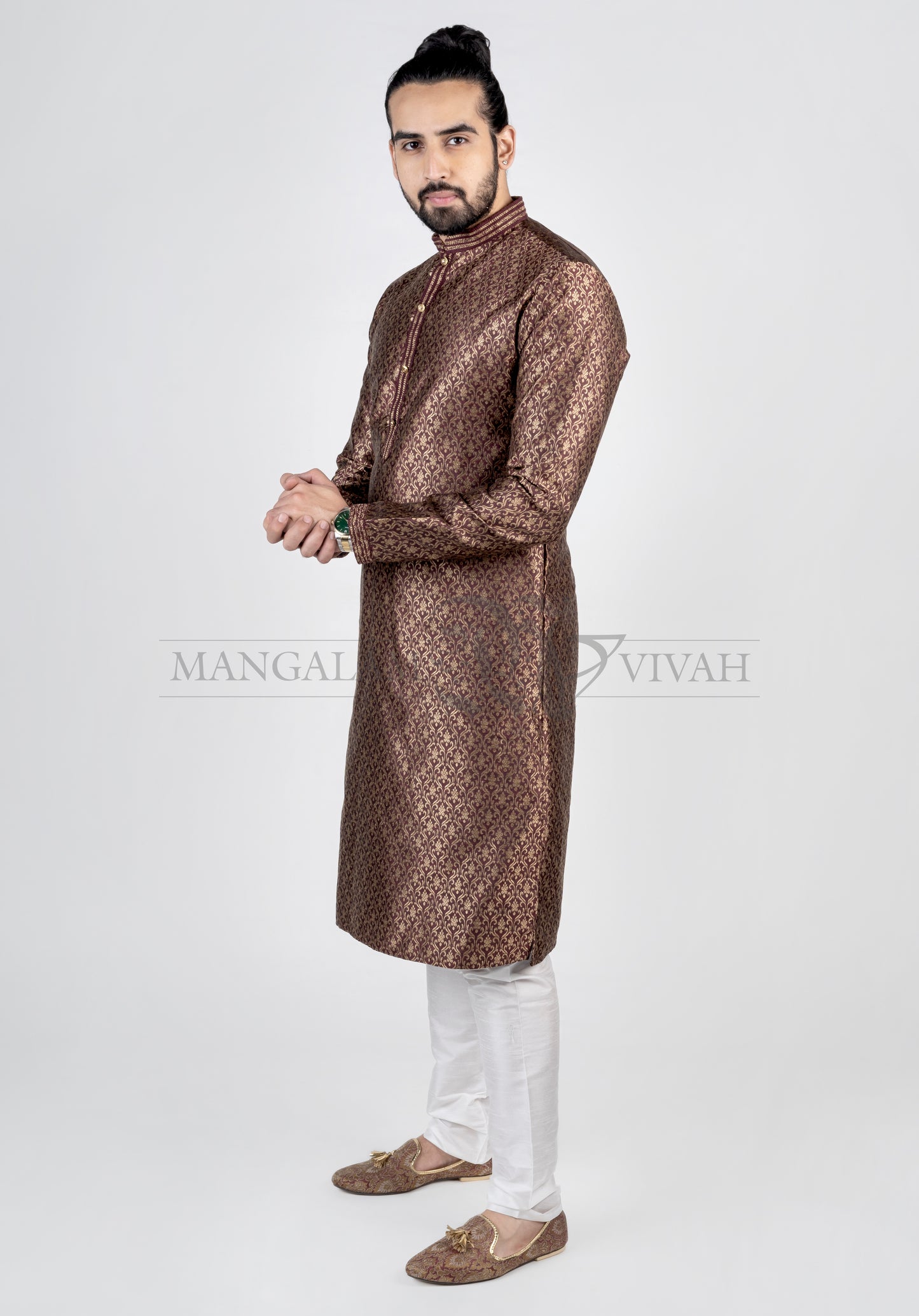 Maroon And Gold Silk Long Kurta Set