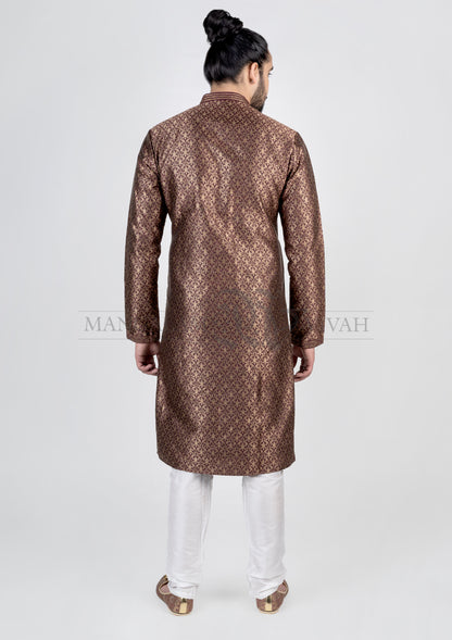 Maroon And Gold Silk Long Kurta Set