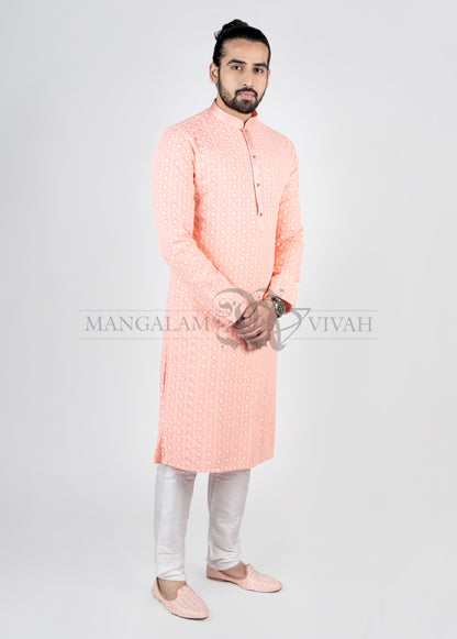 Light Pink Silk Embroidery Ethnic Long Kurta Set