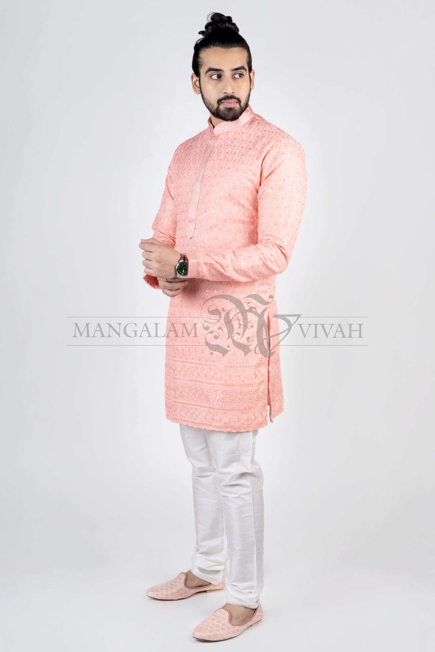 Peach Pink Silk Embroidery Men’s Kurta Set