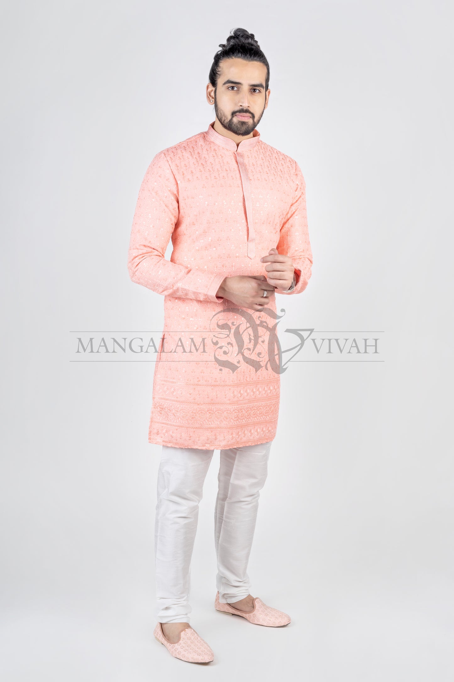 Peach Pink Silk Embroidery Men’s Kurta Set