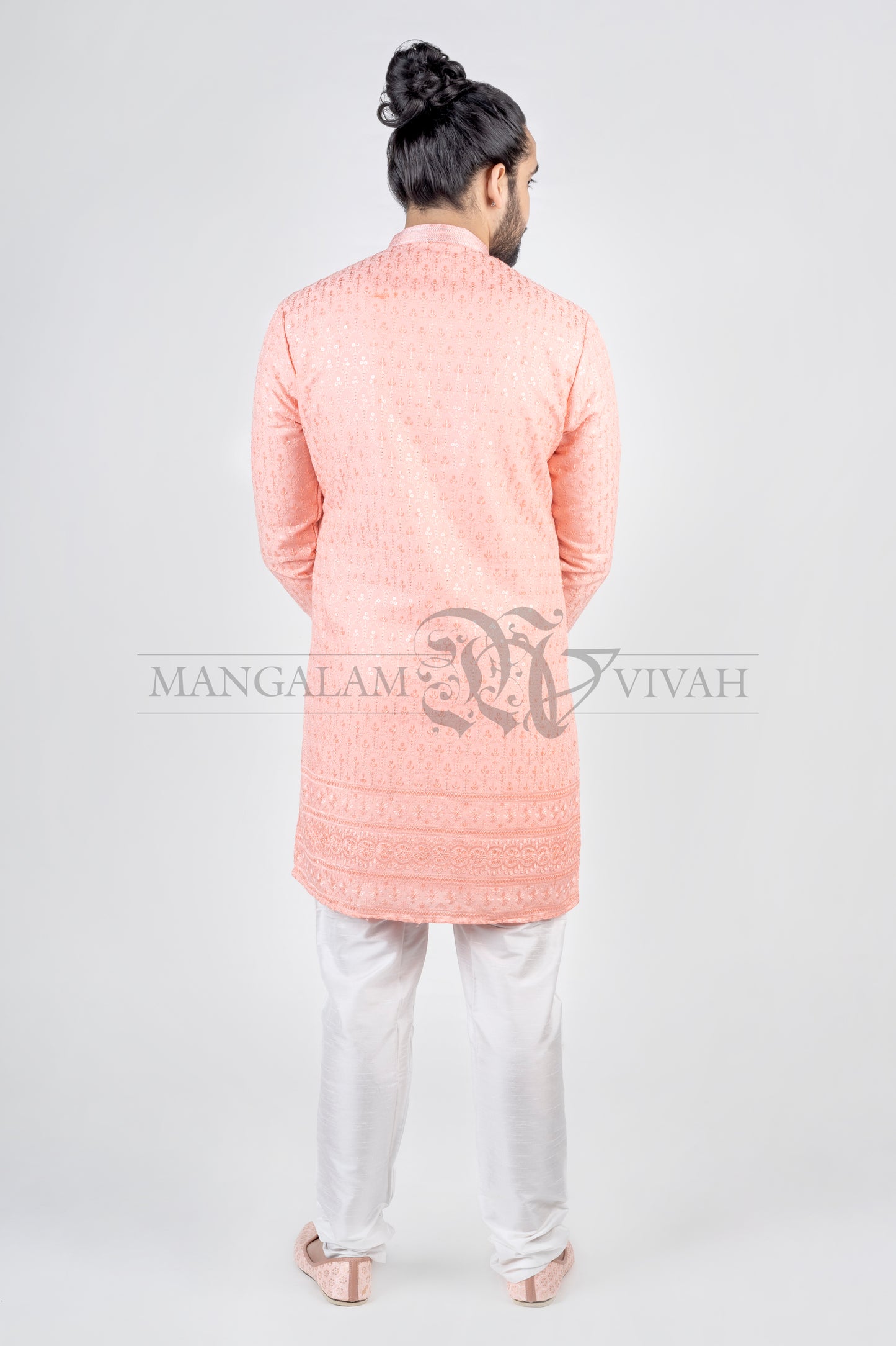 Peach Pink Silk Embroidery Men’s Kurta Set