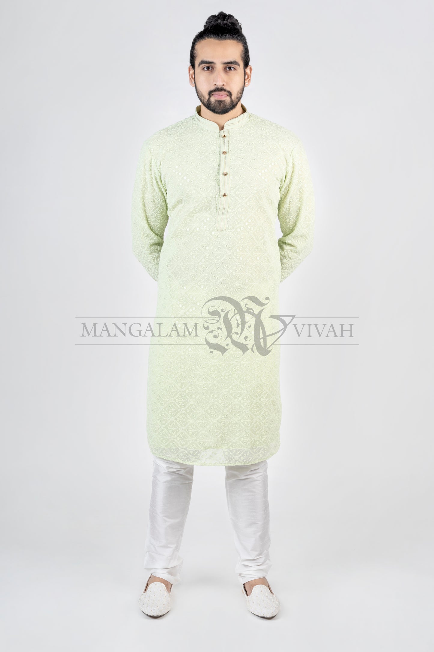 Georgette Petal Green Sipli Embroidery Men’s Kurta Set