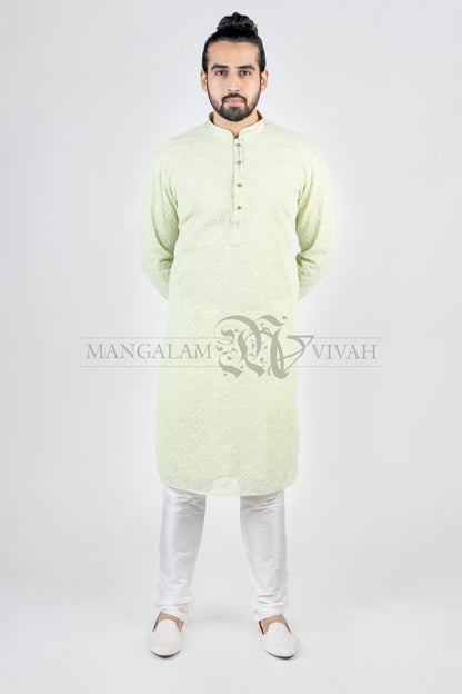 Georgette Petal Green Sipli Embroidery Men’s Kurta Set