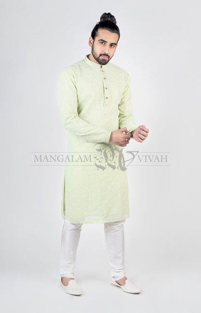 Georgette Petal Green Sipli Embroidery Men’s Kurta Set