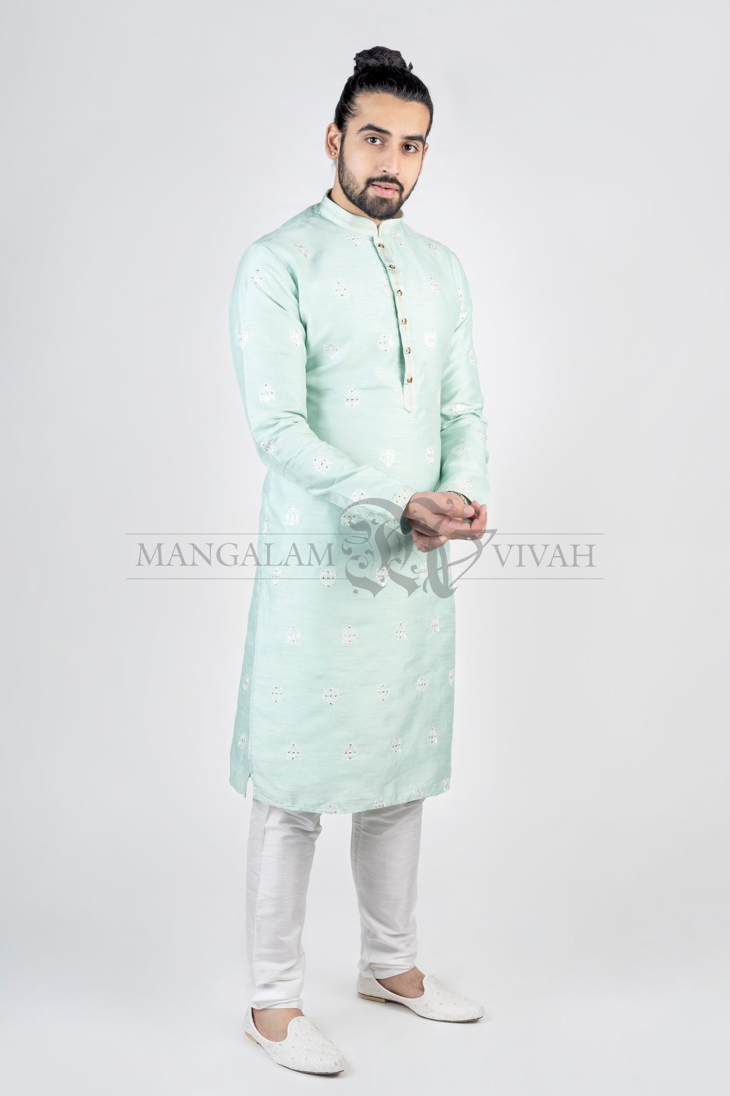 Pastel Blue Zari Embroidery Men’s Long Kurta Set