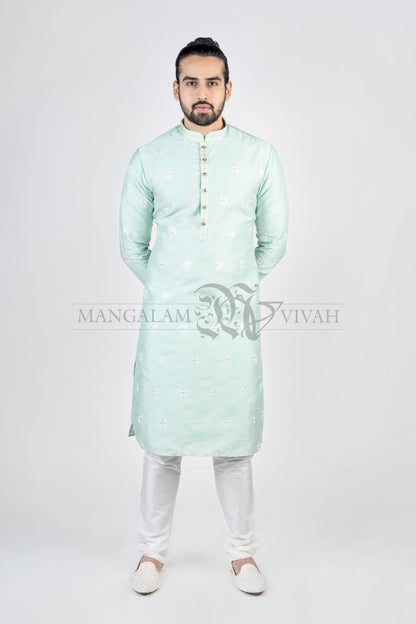 Pastel Blue Zari Embroidery Men’s Long Kurta Set