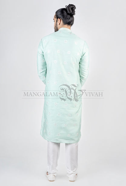 Pastel Blue Zari Embroidery Men’s Long Kurta Set