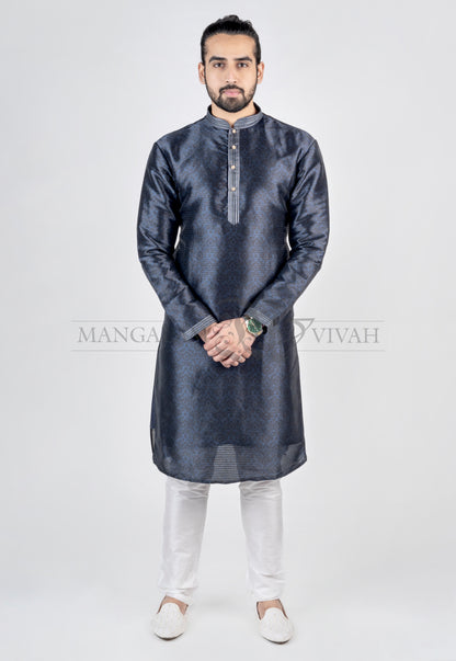 Dark Blue Raw Silk Long Kurta Set