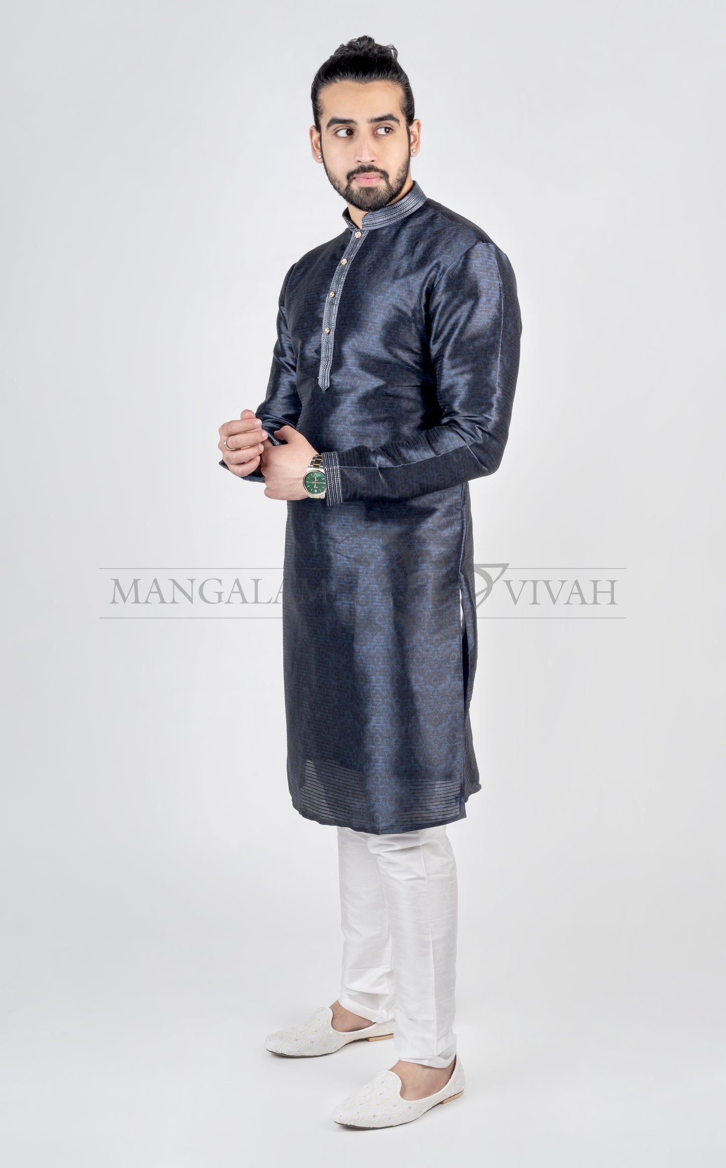 Dark Blue Raw Silk Long Kurta Set