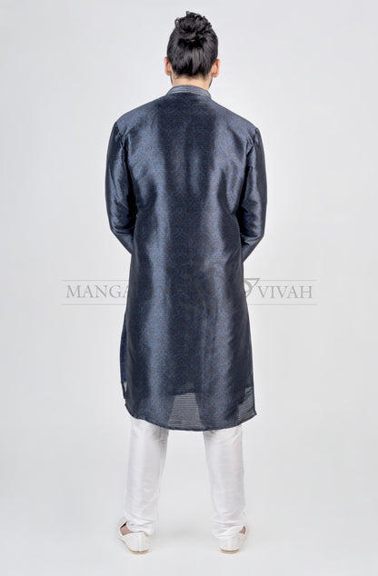 Dark Blue Raw Silk Long Kurta Set