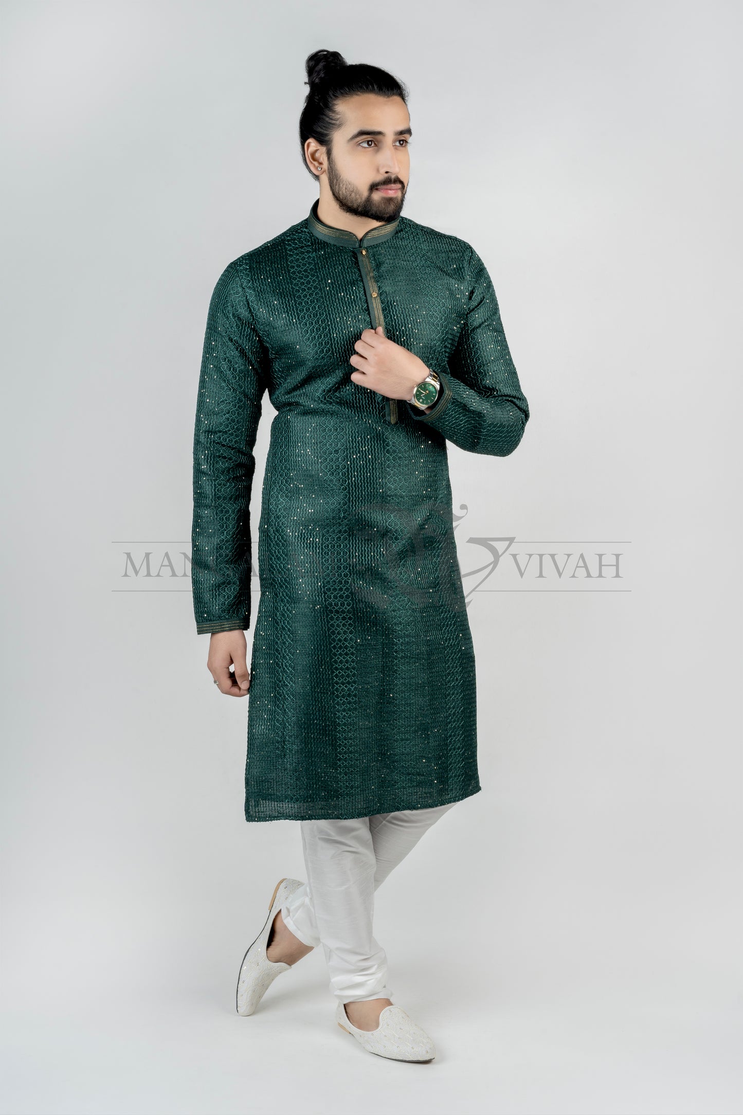 Dark Green Silk Men’s Long Kurta And Churidar Set