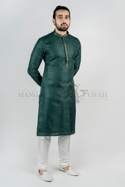 Dark Green Silk Men’s Long Kurta And Churidar Set