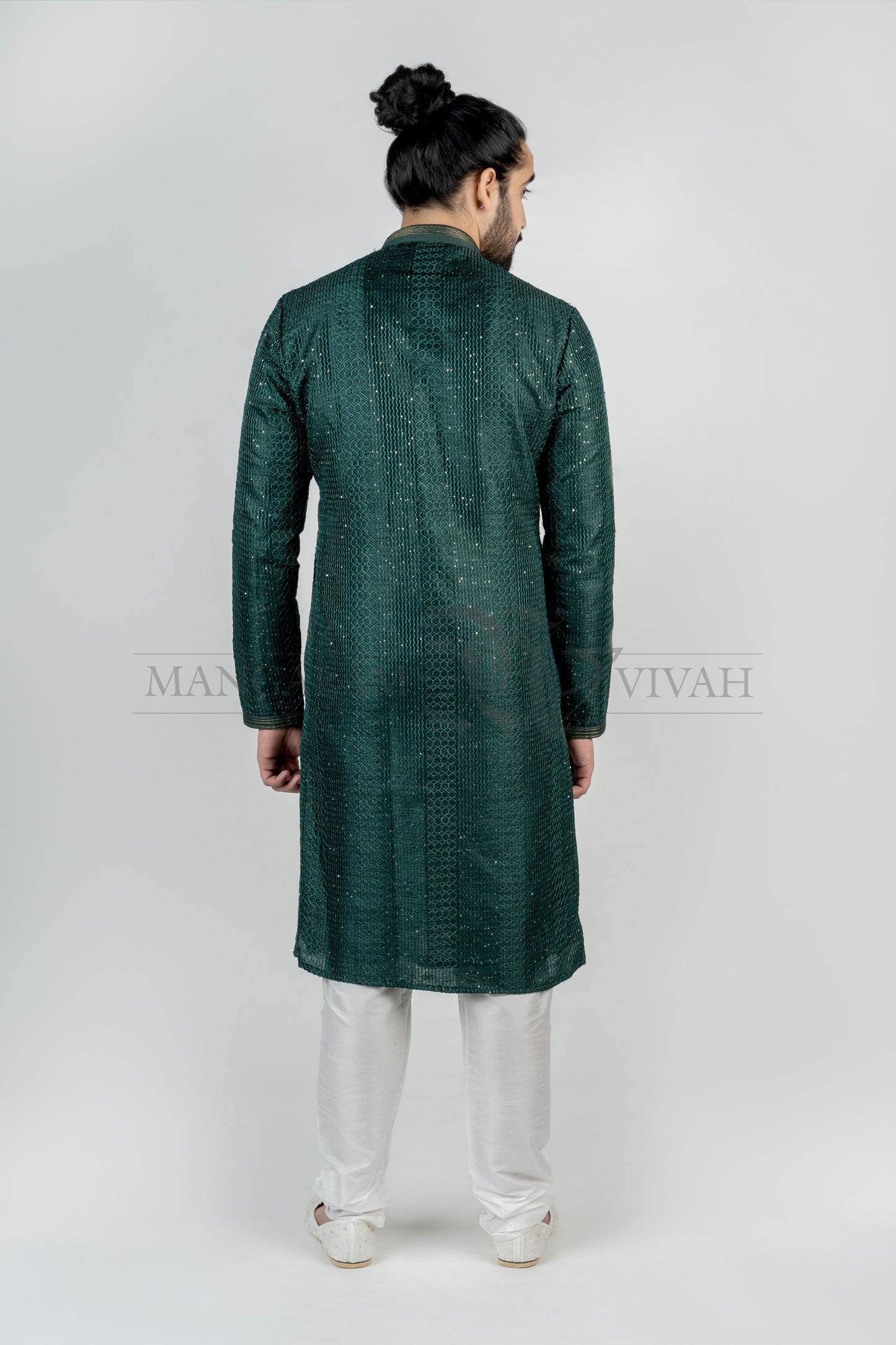 Dark Green Silk Men’s Long Kurta And Churidar Set